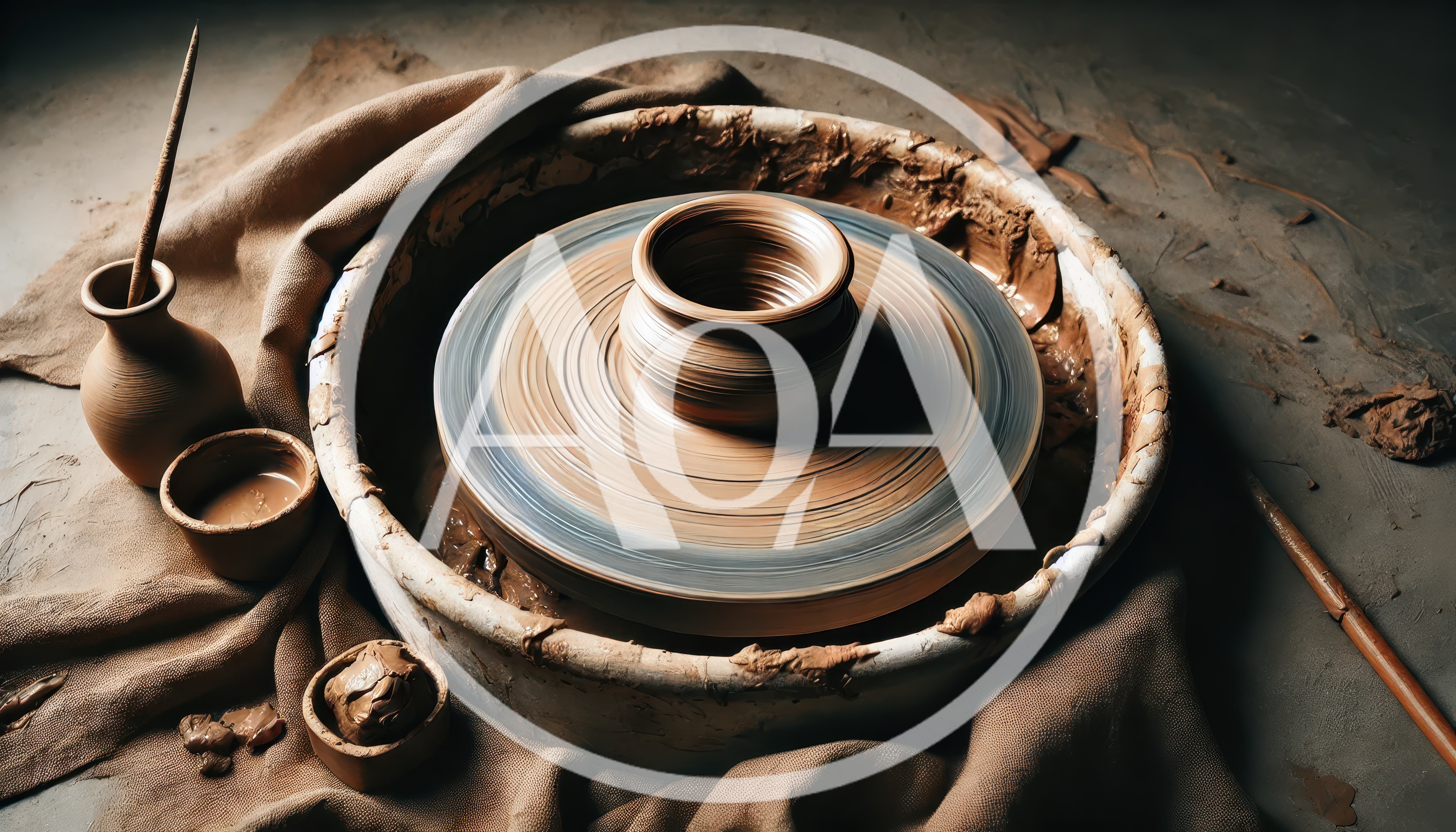 Pottery Wheel With Clay Vessel In Workshop