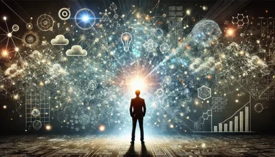 Businessman Standing Before A Glowing Digital Data Network