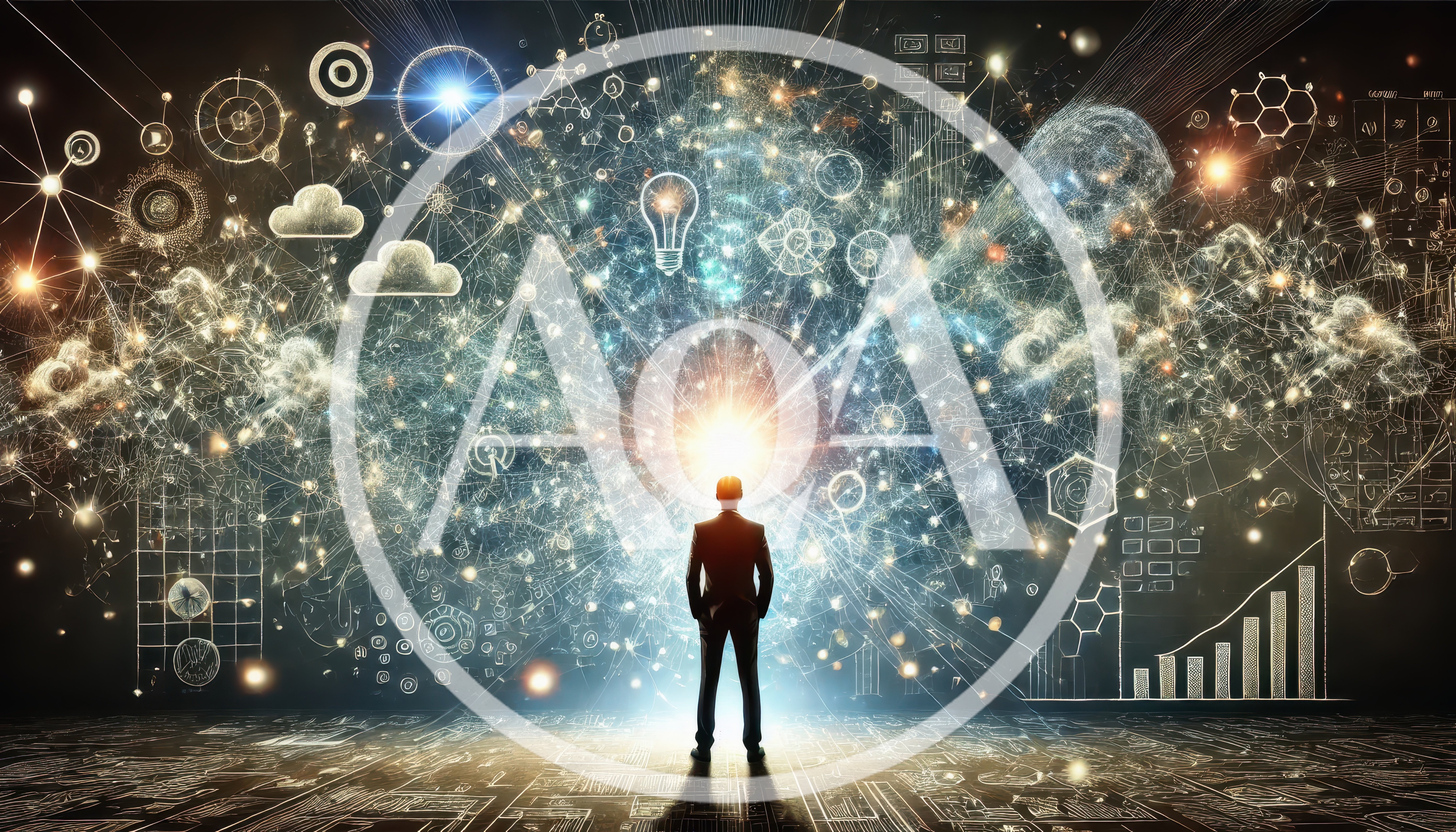 Businessman Standing Before A Glowing Digital Data Network