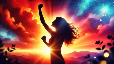 Silhouette Of A Woman Celebrating Success At Sunset