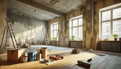 Renovating An Empty Apartment With Ladders And Paint