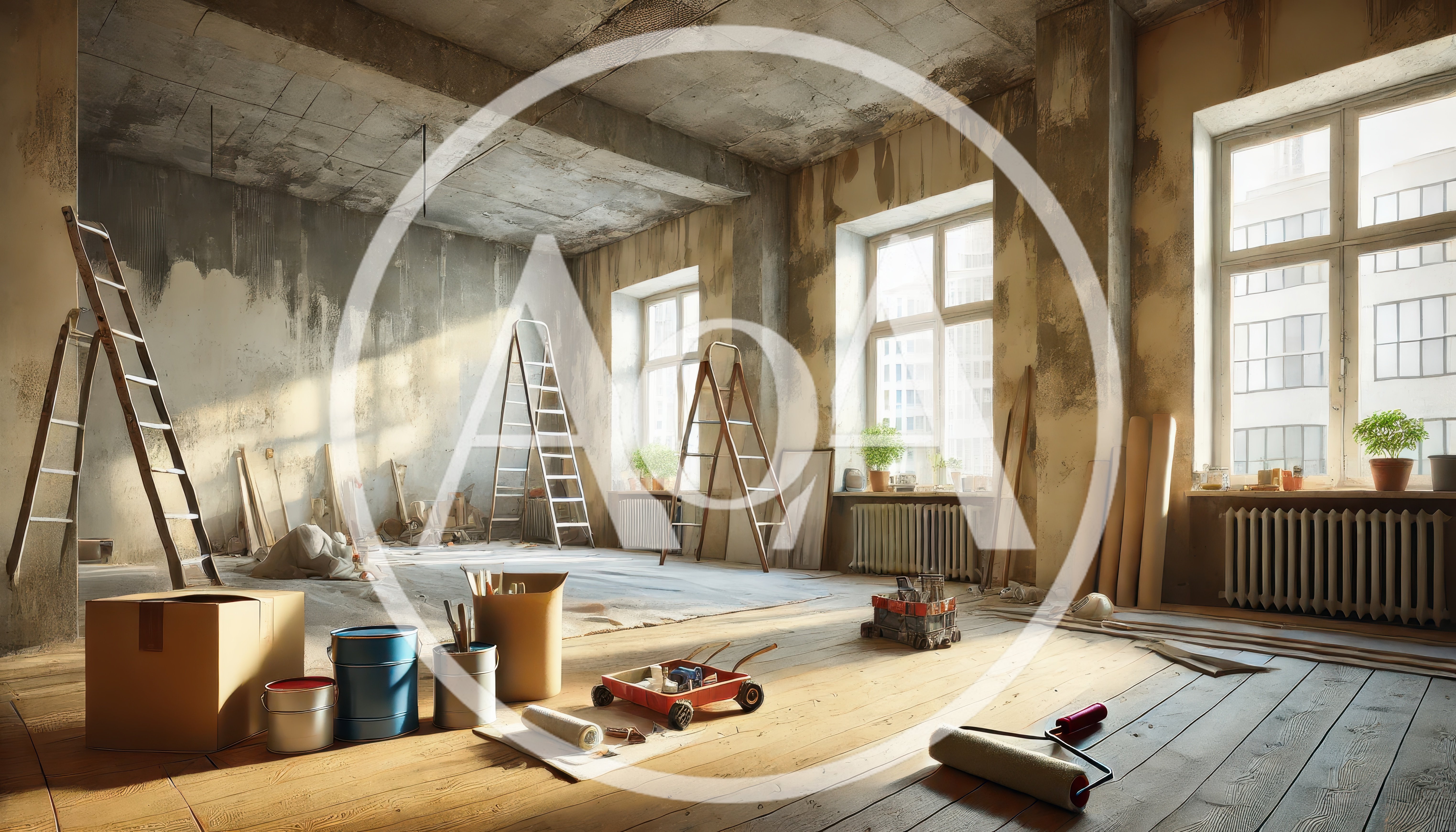 Renovating An Empty Apartment With Ladders And Paint
