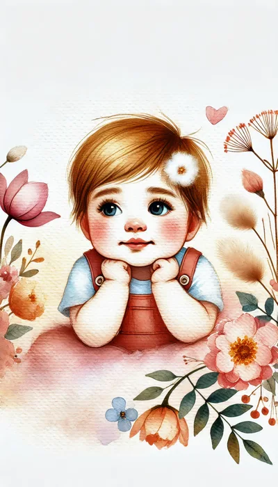 Watercolor Illustration Of A Cute Baby With Flowers