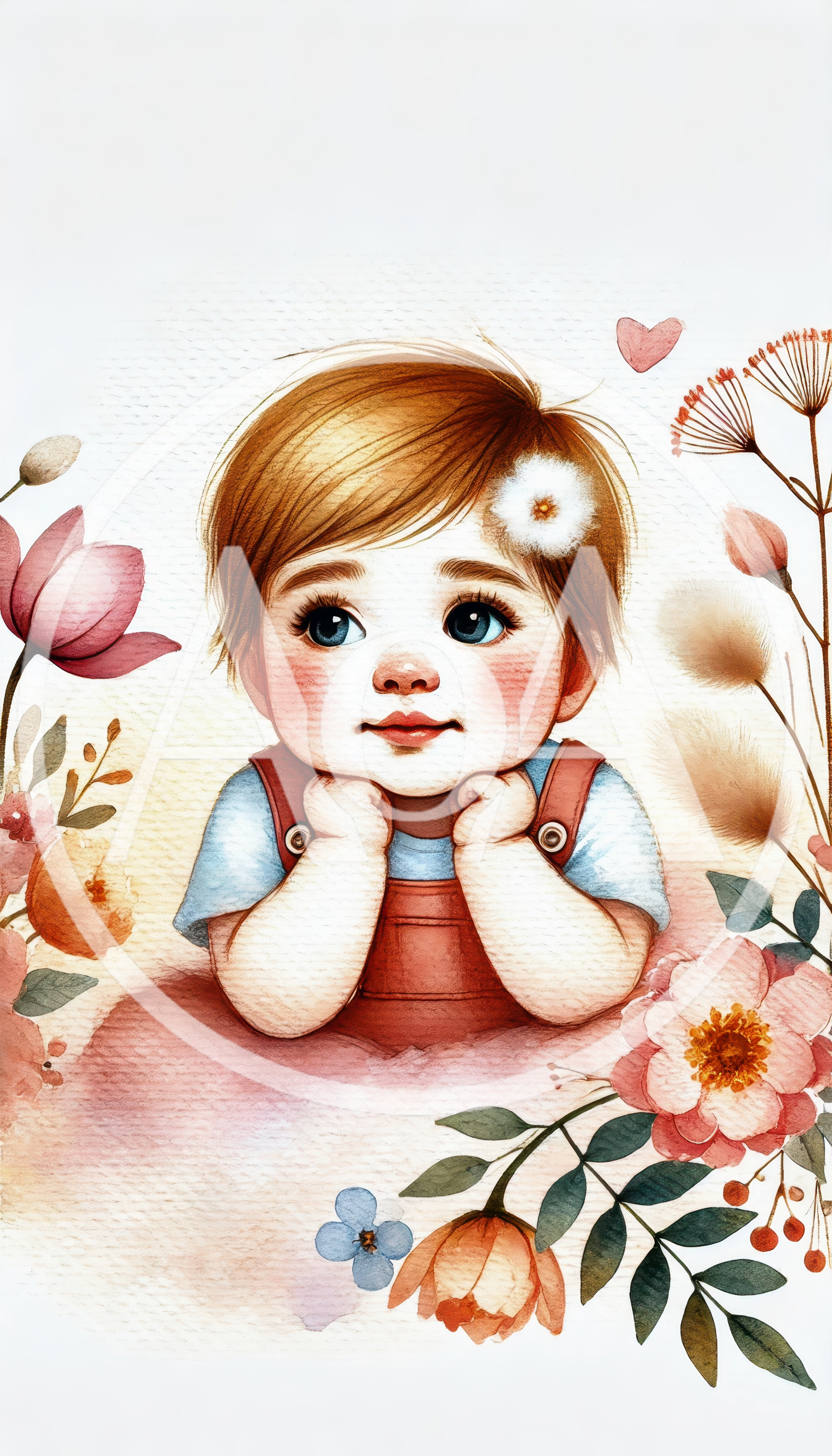 Watercolor Illustration Of A Cute Baby With Flowers