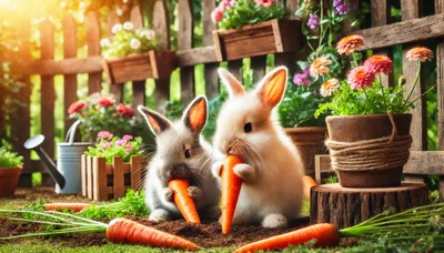 Two Cute Rabbits Eating Carrots In A Garden
