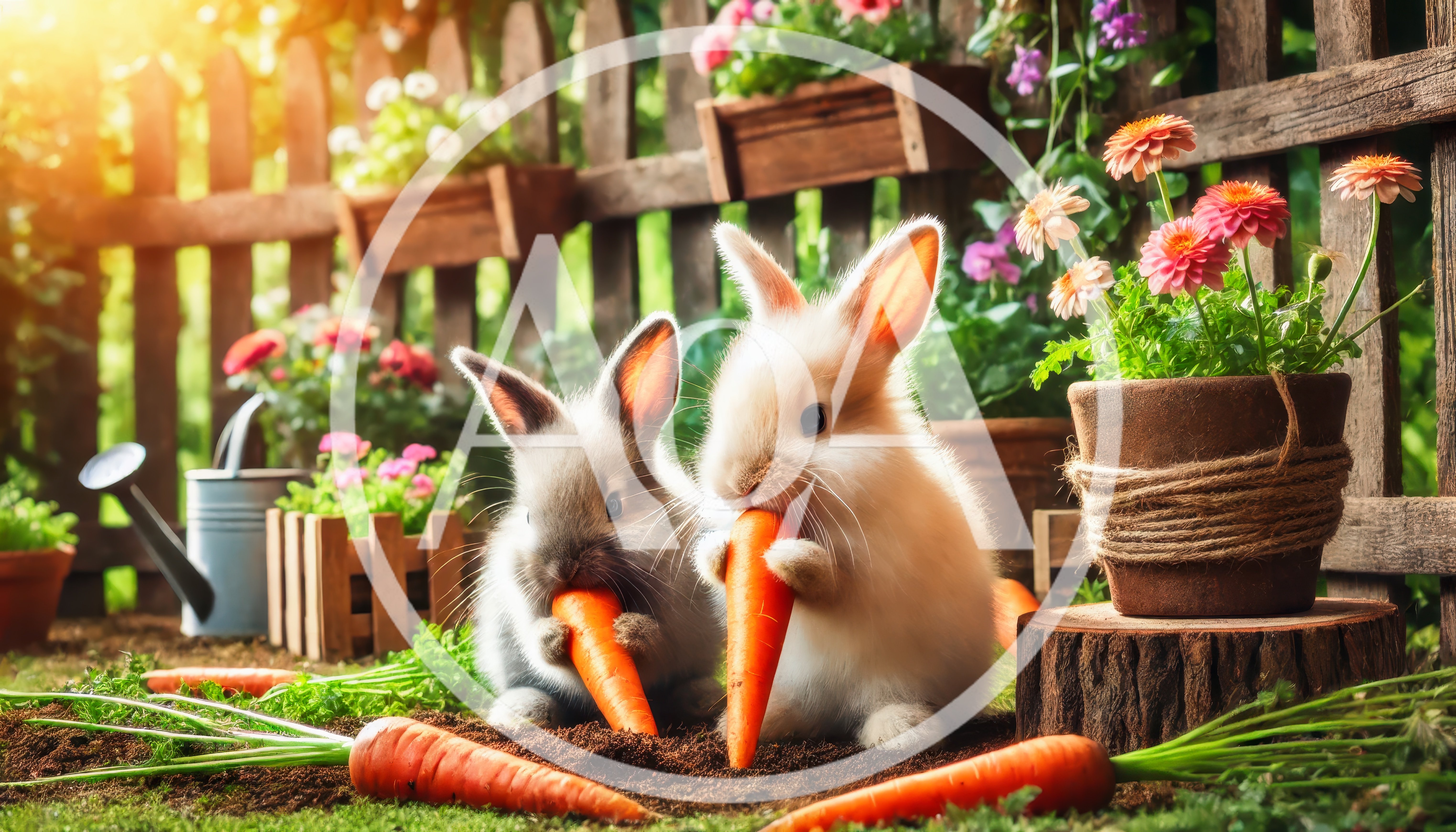 Two Cute Rabbits Eating Carrots In A Garden