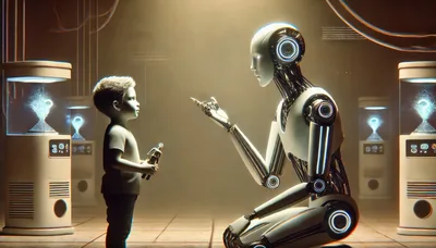 Human Child Interacting With Advanced Humanoid Robot