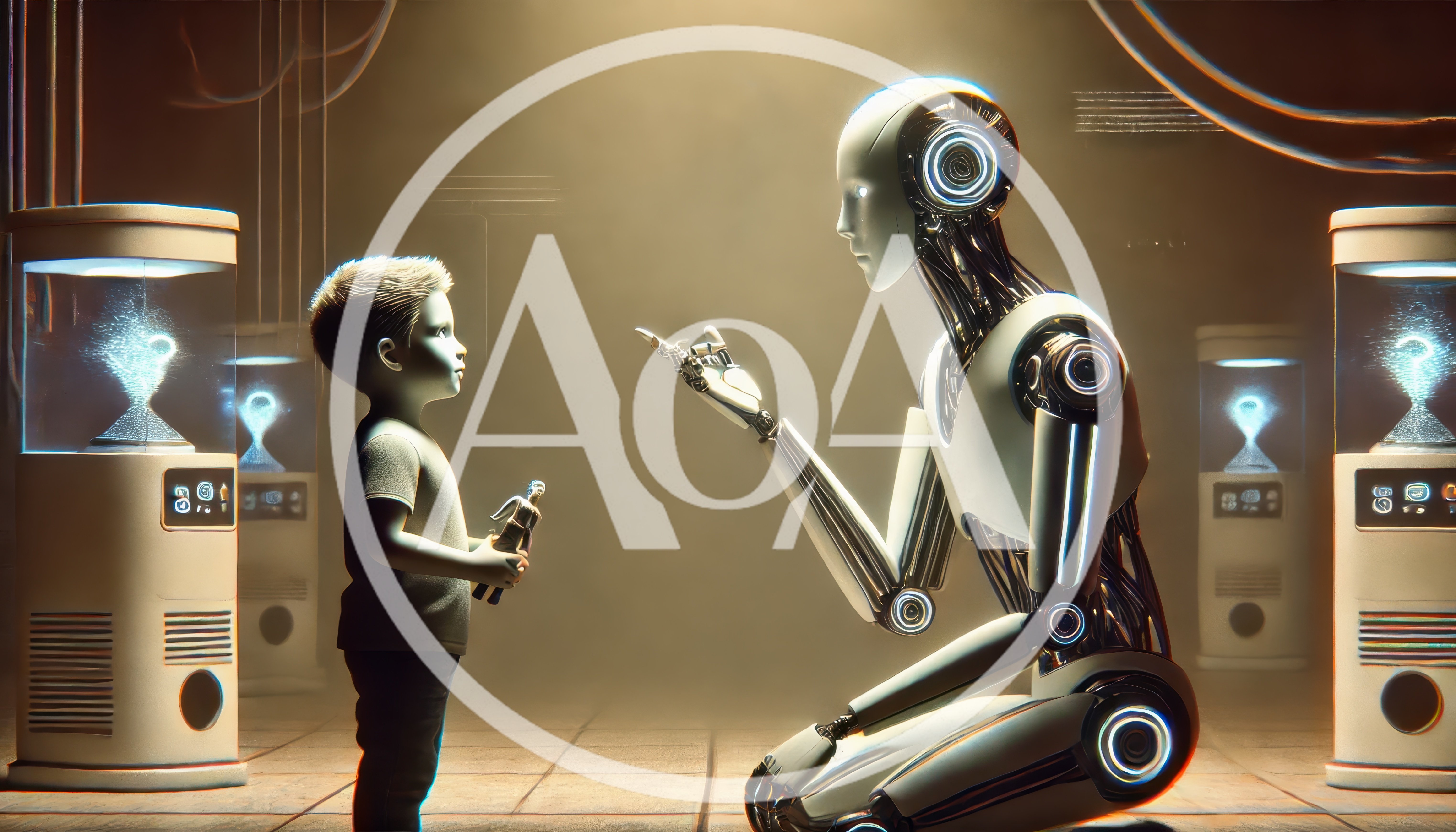 Human Child Interacting With Advanced Humanoid Robot