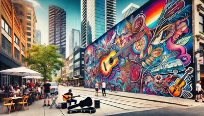 Street Musician Performing Beside Vibrant Urban Mural