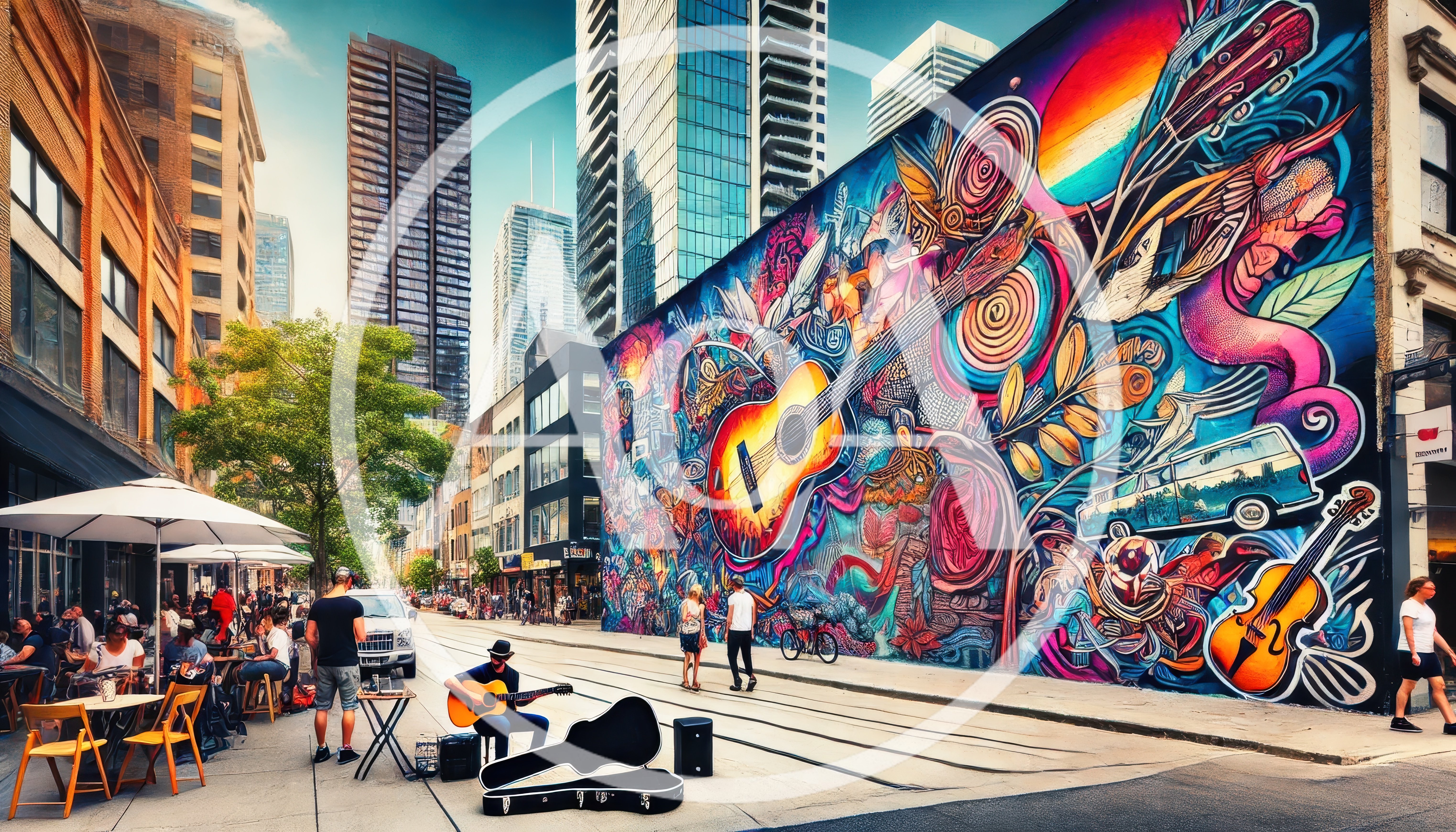 Street Musician Performing Beside Vibrant Urban Mural