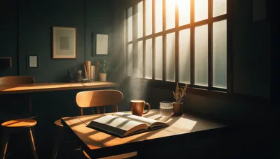 Open Book And Steaming Coffee On A Sunny Table
