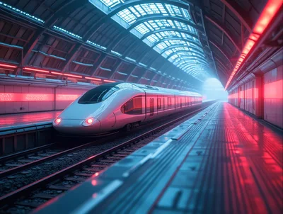 Futuristic High Speed Train At Underground Station