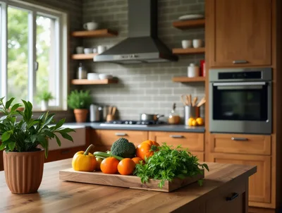 Fresh Vegetables And Fruits On A Kitchen Island