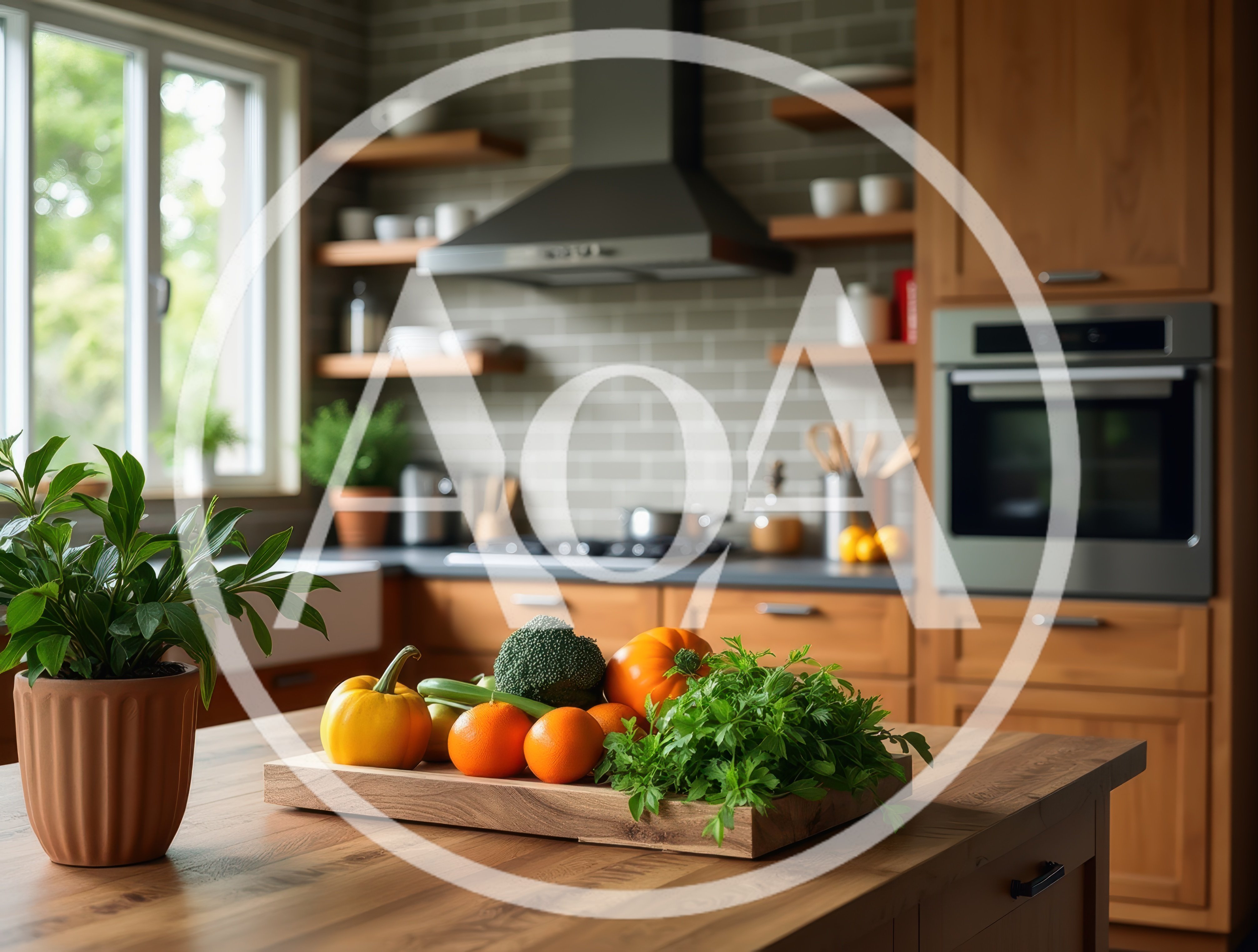 Fresh Vegetables And Fruits On A Kitchen Island