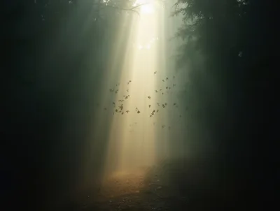 Sunlight Beams Through Foggy Forest With Floating Leaves