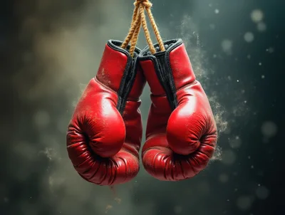 Pair Of Red Boxing Gloves Hanging Against Dark Background