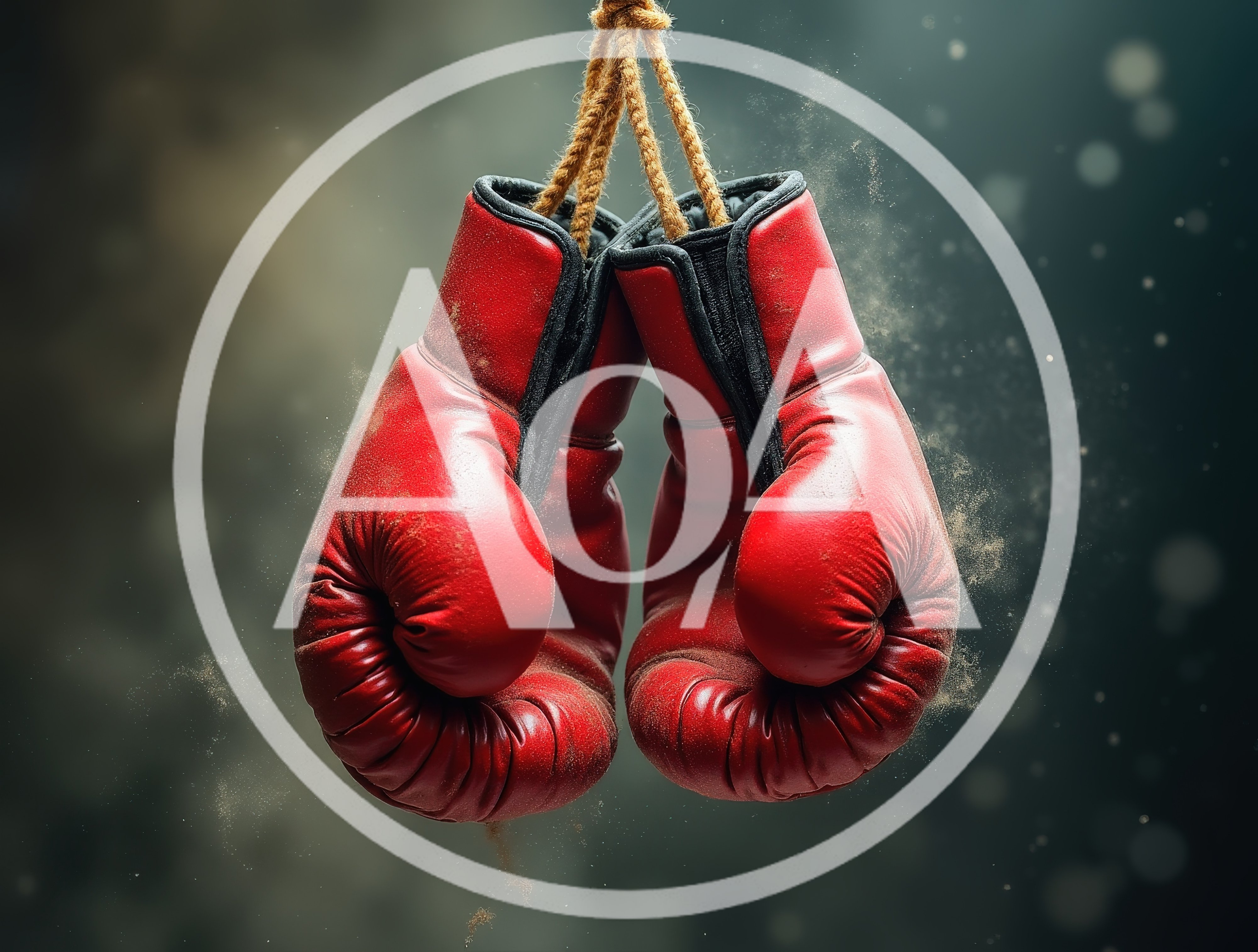 Pair Of Red Boxing Gloves Hanging Against Dark Background