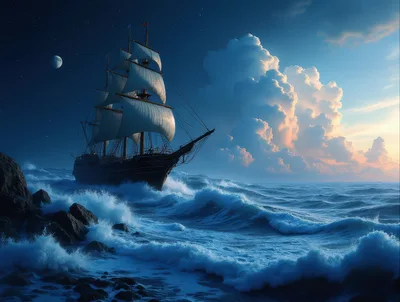 Tall Ship Sailing Through Rough Ocean Waves