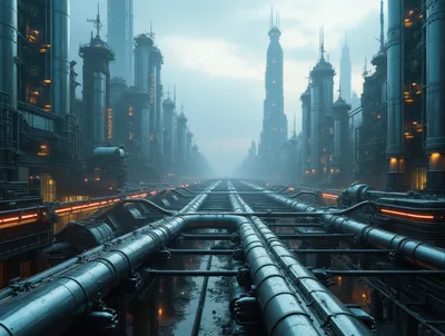 Futuristic Industrial Cityscape With Massive Pipelines