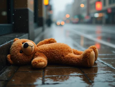 Lost Teddy Bear Lying On Wet City Sidewalk
