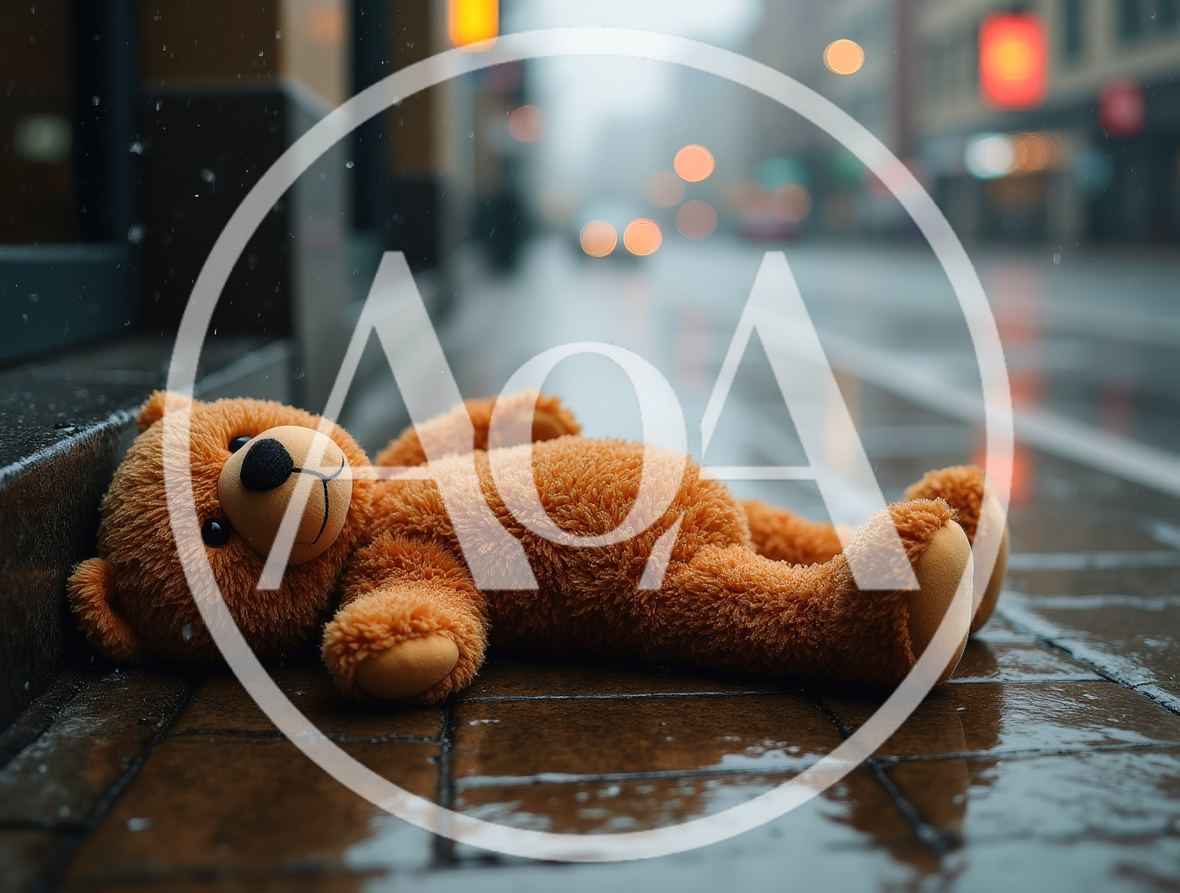 Lost Teddy Bear Lying On Wet City Sidewalk