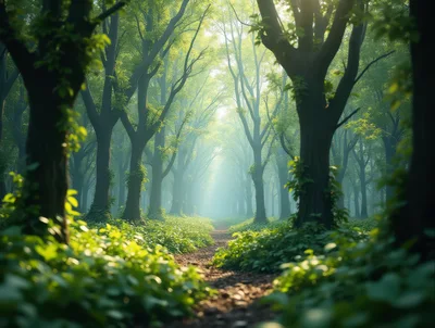 Sunlit Path Through A Lush Green Forest