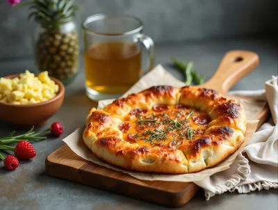 Freshly Baked Pepperoni Pizza On A Wooden Serving Board