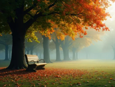 Empty Park Bench Under Autumn Trees In Fog