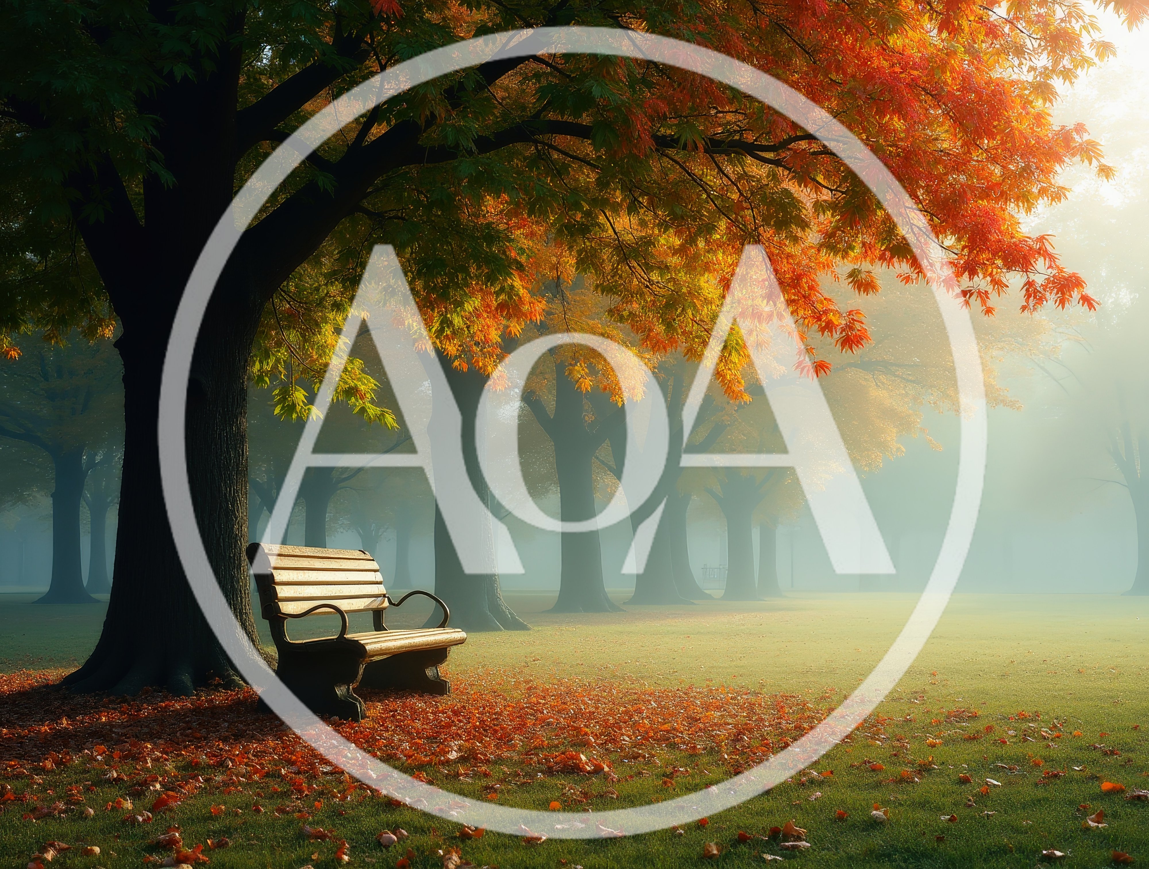 Empty Park Bench Under Autumn Trees In Fog