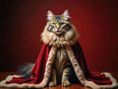 Majestic Maine Coon Cat Wearing A Royal Red Cape