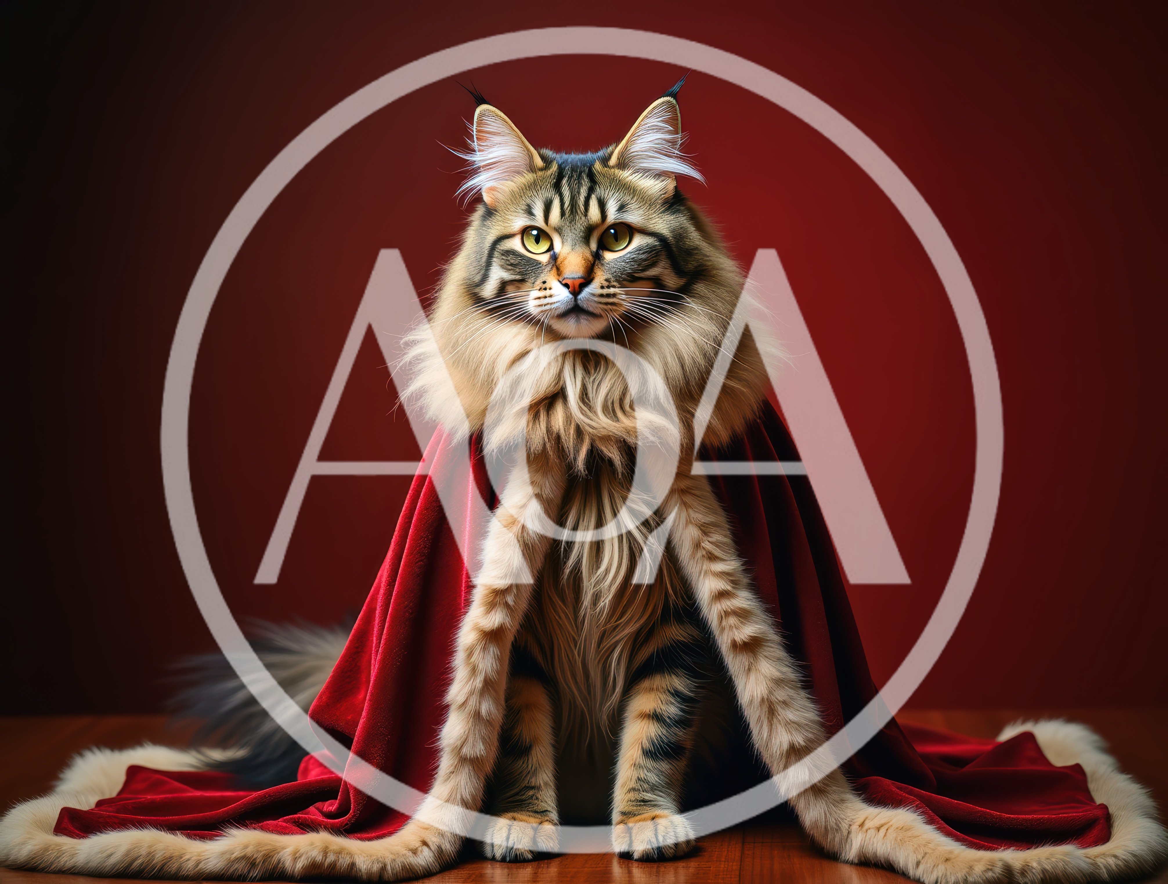 Majestic Maine Coon Cat Wearing A Royal Red Cape