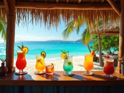 Tropical Cocktails on a Beach Bar Counter