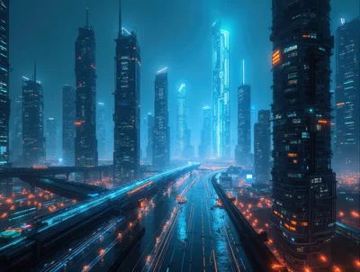 Futuristic Cyberpunk Cityscape With Glowing Skyscrapers And Highways