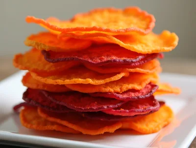 Stack Of Colorful Vegetable Chips On A White Plate
