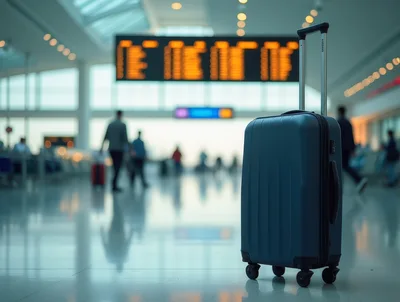 Blue Suitcase Standing in Modern Airport Terminal