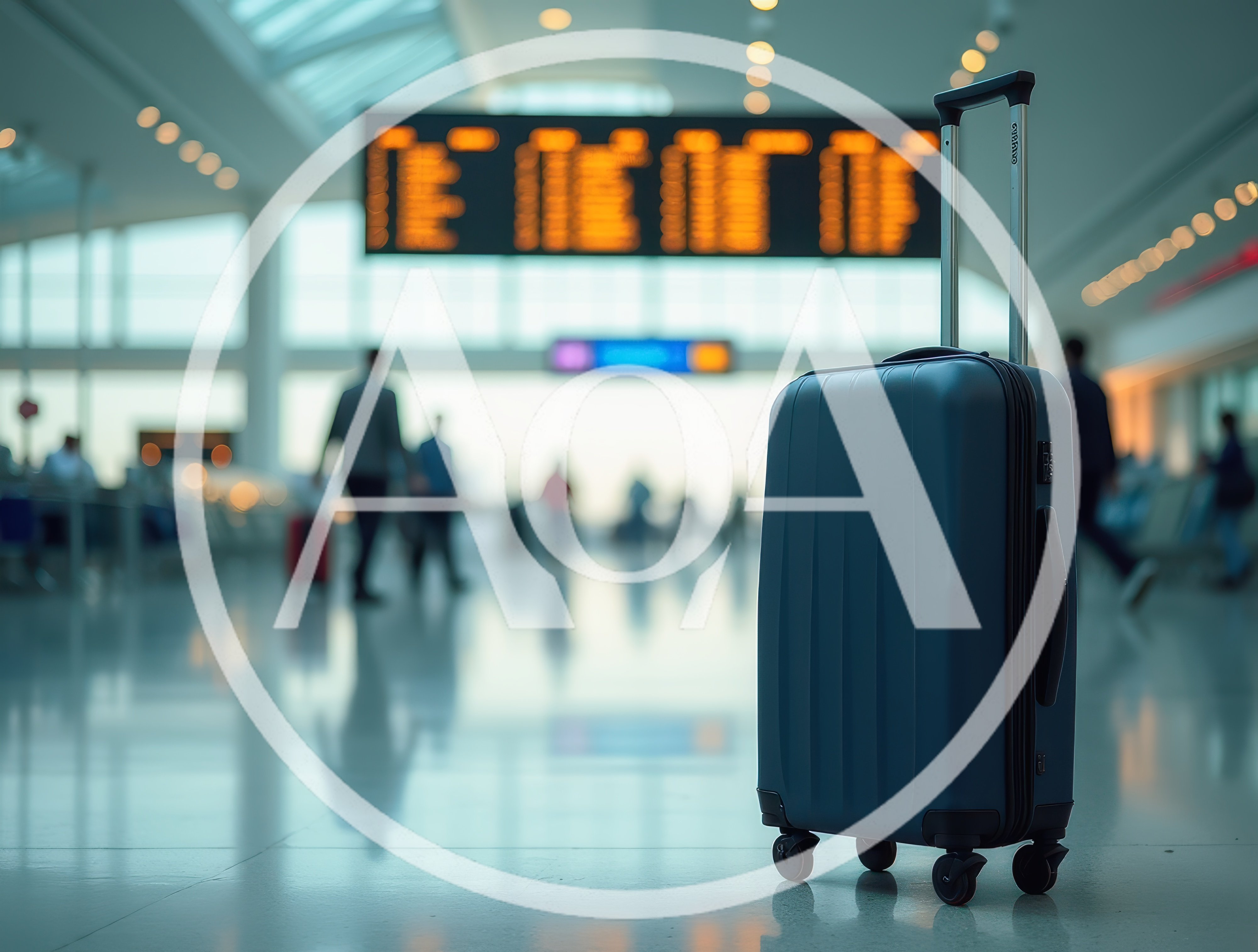 Blue Suitcase Standing in Modern Airport Terminal