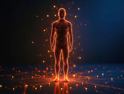 Glowing Particle Human Silhouette Standing In Dark Space