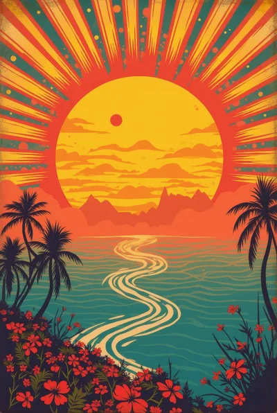 Retro Tropical Sunset Landscape With Palm Trees And Flowers