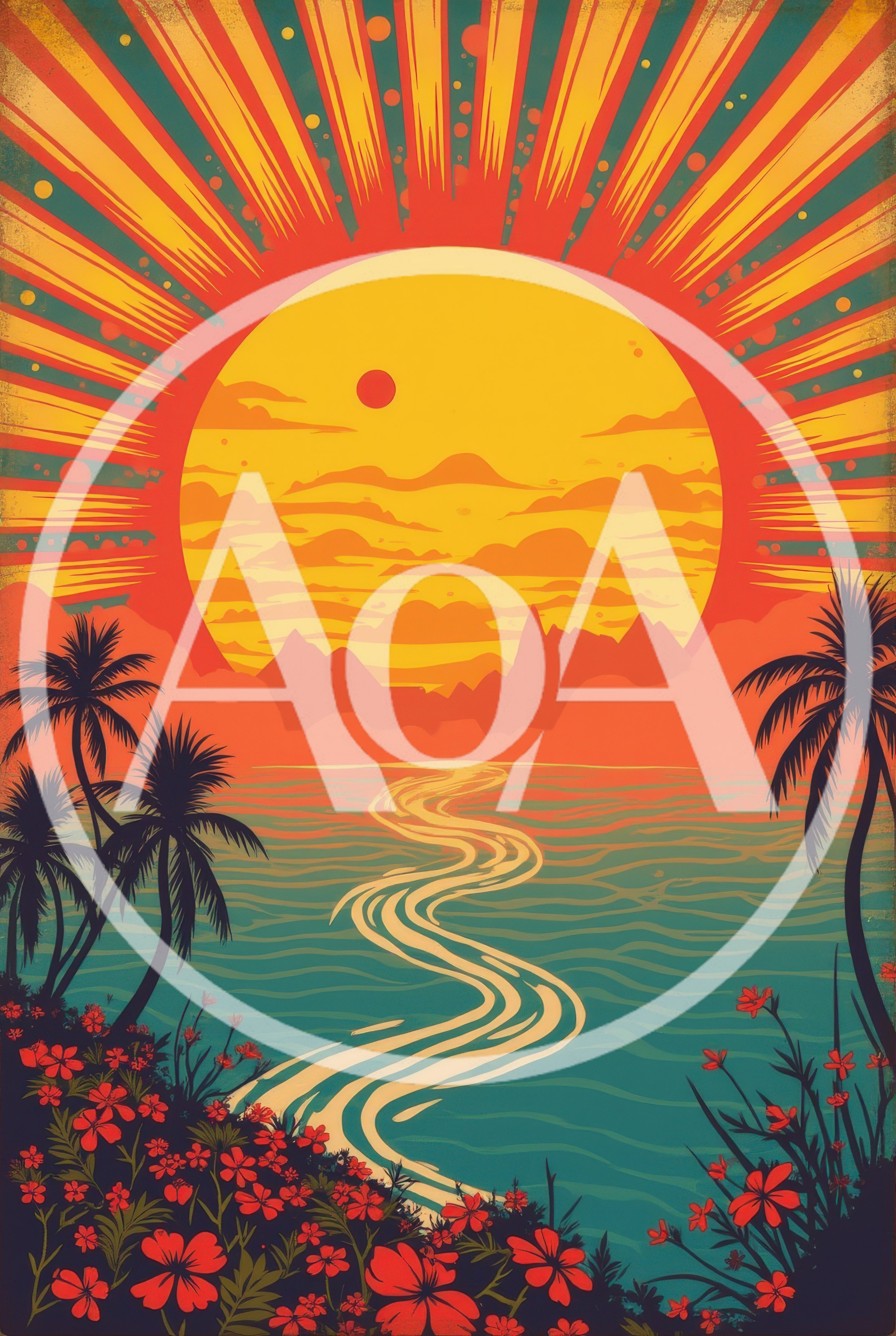 Retro Tropical Sunset Landscape With Palm Trees And Flowers