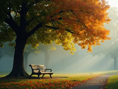 Empty Wooden Park Bench Under Autumn Tree