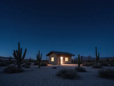 Small Desert Cabin Under A Starry Night Sky