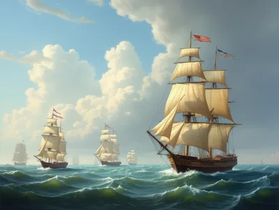 Fleet Of Tall Ships Sailing On Open Ocean