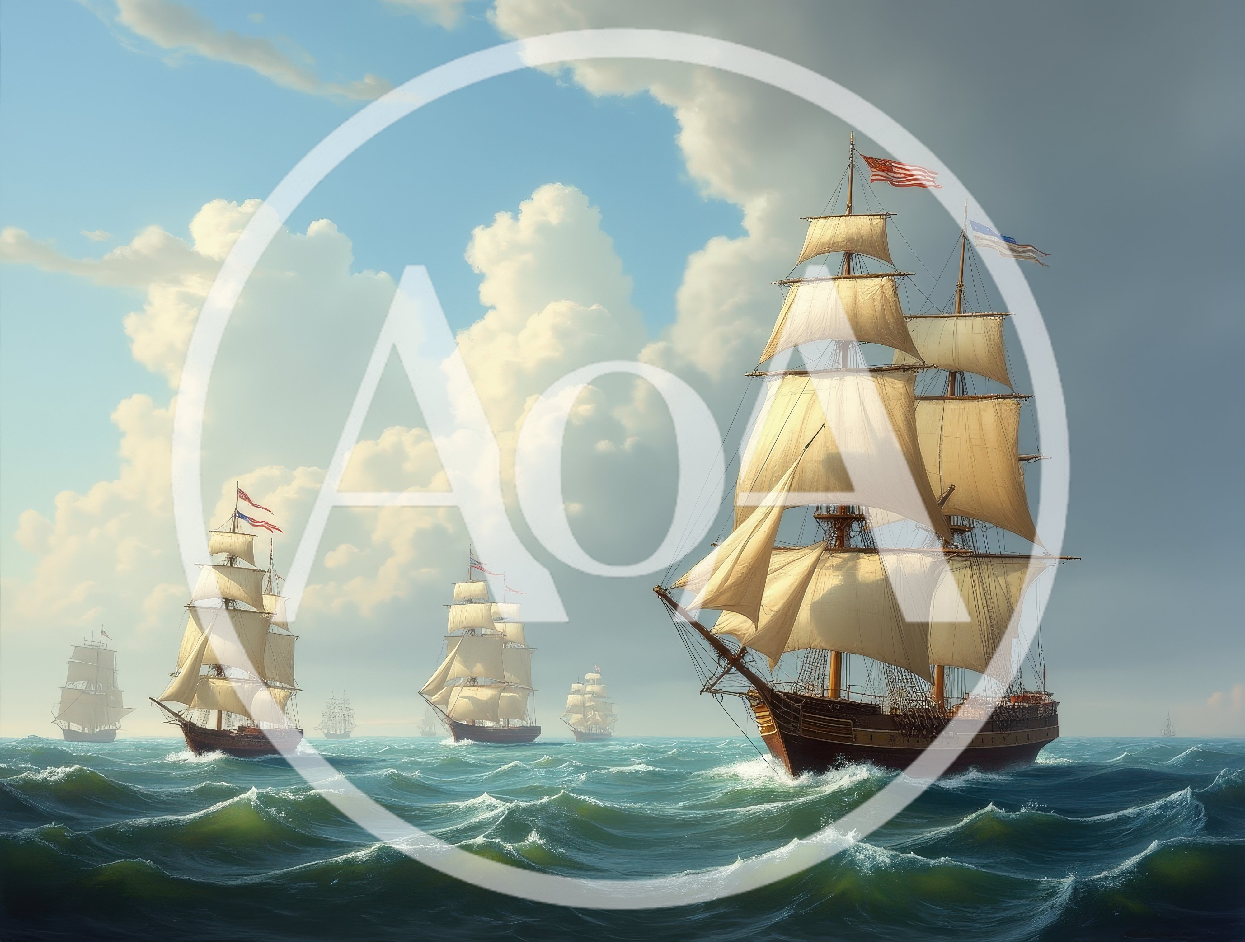 Fleet Of Tall Ships Sailing On Open Ocean