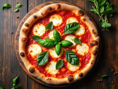 Fresh Margherita Pizza With Basil On Wooden Board