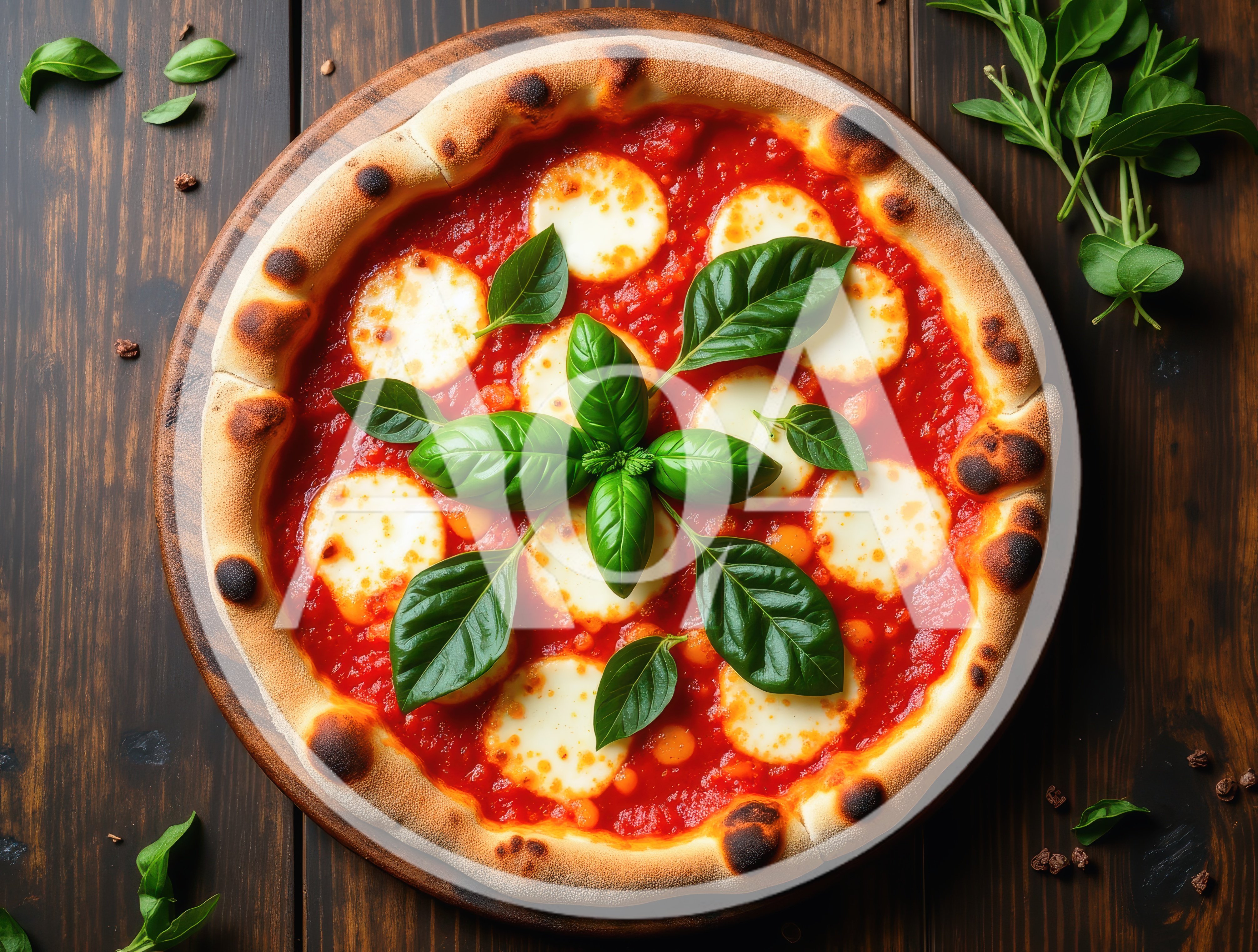 Fresh Margherita Pizza With Basil On Wooden Board