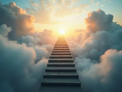 Stone Stairway Leading Into The Clouds At Sunset