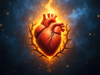 Anatomical Human Heart Surrounded By Crown Of Thorns