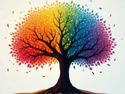 Rainbow Colored Tree With Falling Leaves