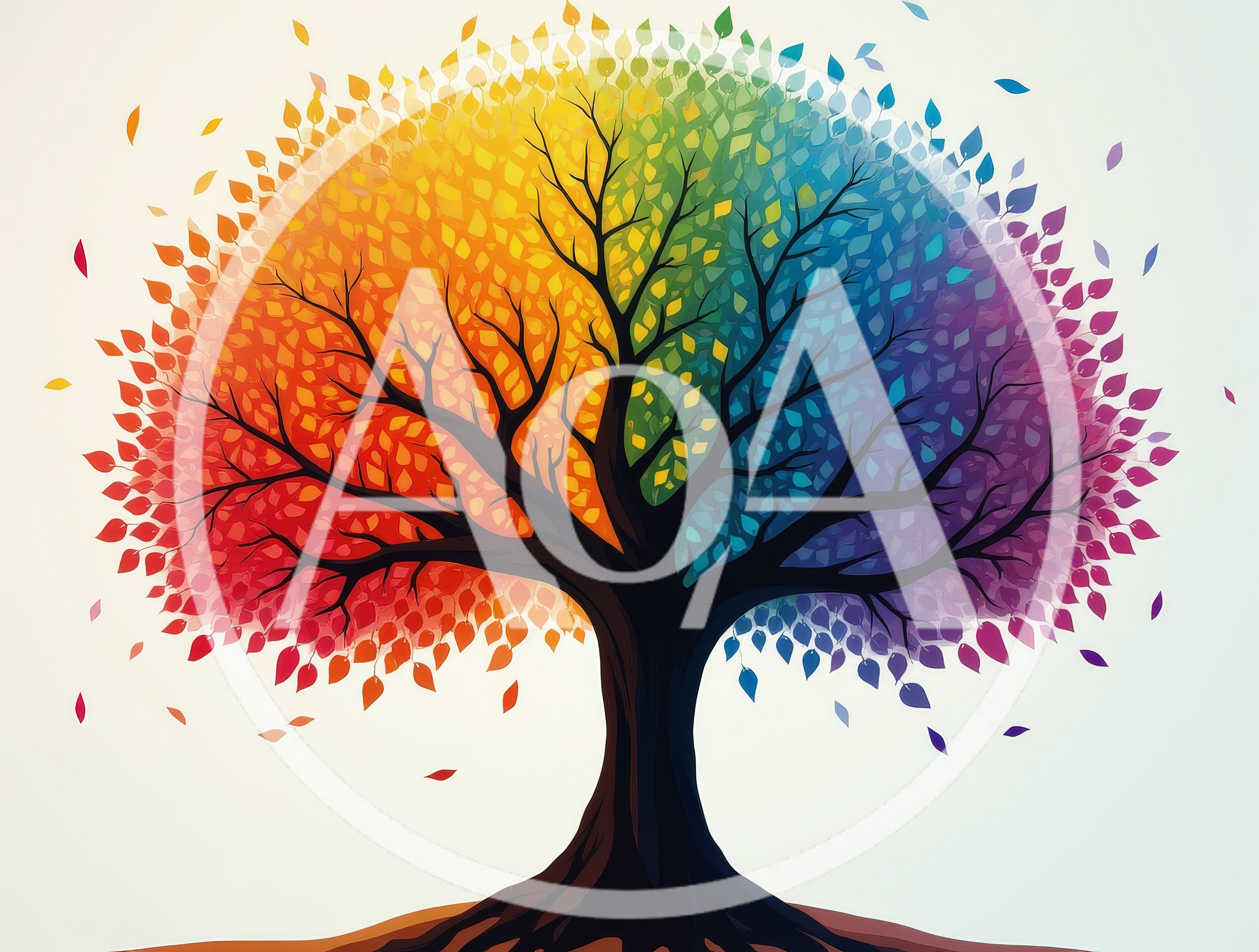 Rainbow Colored Tree With Falling Leaves