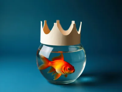 Goldfish Wearing A Paper Crown In A Fishbowl